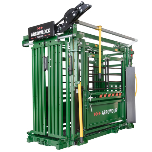 Green Arrowquip cattle chute with yellow handles and black Arrowlock sign. Sturdy metal bars indicate a robust design for livestock handling.