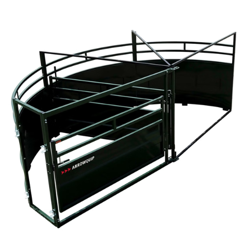 A curved, black metal cattle chute with high railings and a gate, branded 