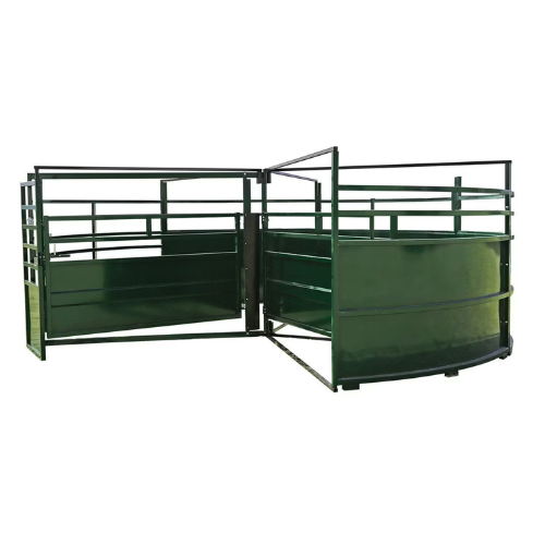 Green metal livestock handling chute with curved and straight sections, designed for safely managing animals. The structure is sturdy and functional.