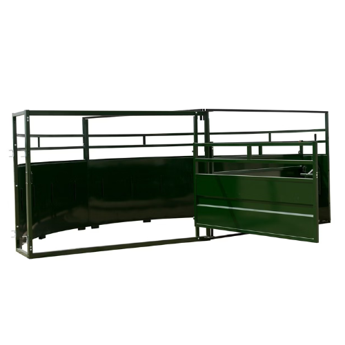 A green metal livestock gate and pen setup with curved panels and horizontal bars, designed for animal management. The structure is sturdy and practical.